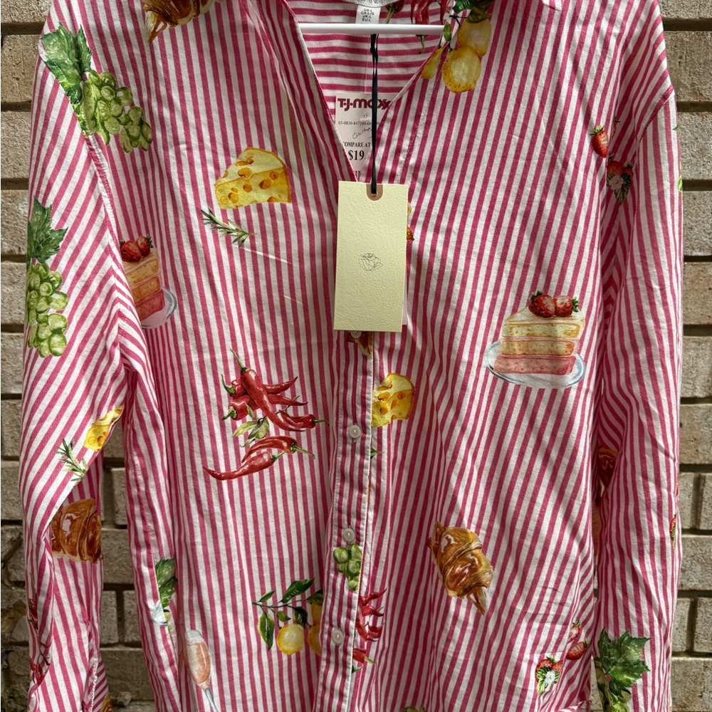 Striped Red & White Button-Up Shirt with Fun Food Doodle Prints